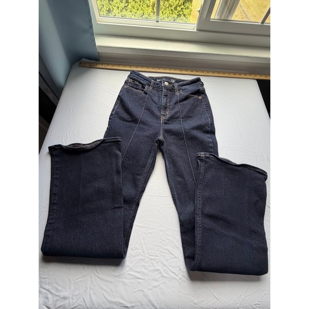 Old Navy Womens Higher High-Rise Flare Dark Wash Seam Detail Jeans 4 Petite